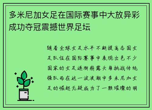 多米尼加女足在国际赛事中大放异彩成功夺冠震撼世界足坛