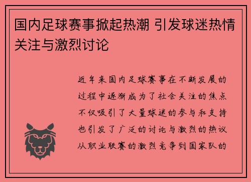 国内足球赛事掀起热潮 引发球迷热情关注与激烈讨论