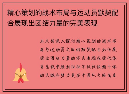 精心策划的战术布局与运动员默契配合展现出团结力量的完美表现