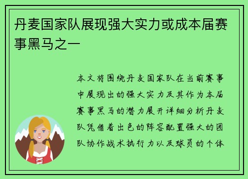 丹麦国家队展现强大实力或成本届赛事黑马之一