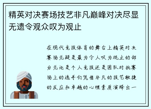 精英对决赛场技艺非凡巅峰对决尽显无遗令观众叹为观止